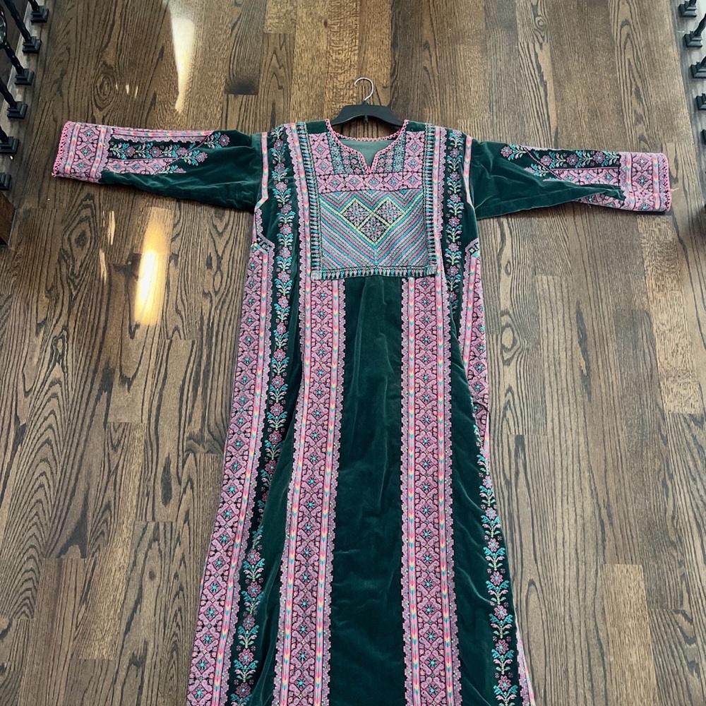 Green and pink hand stitched tatreez thobe